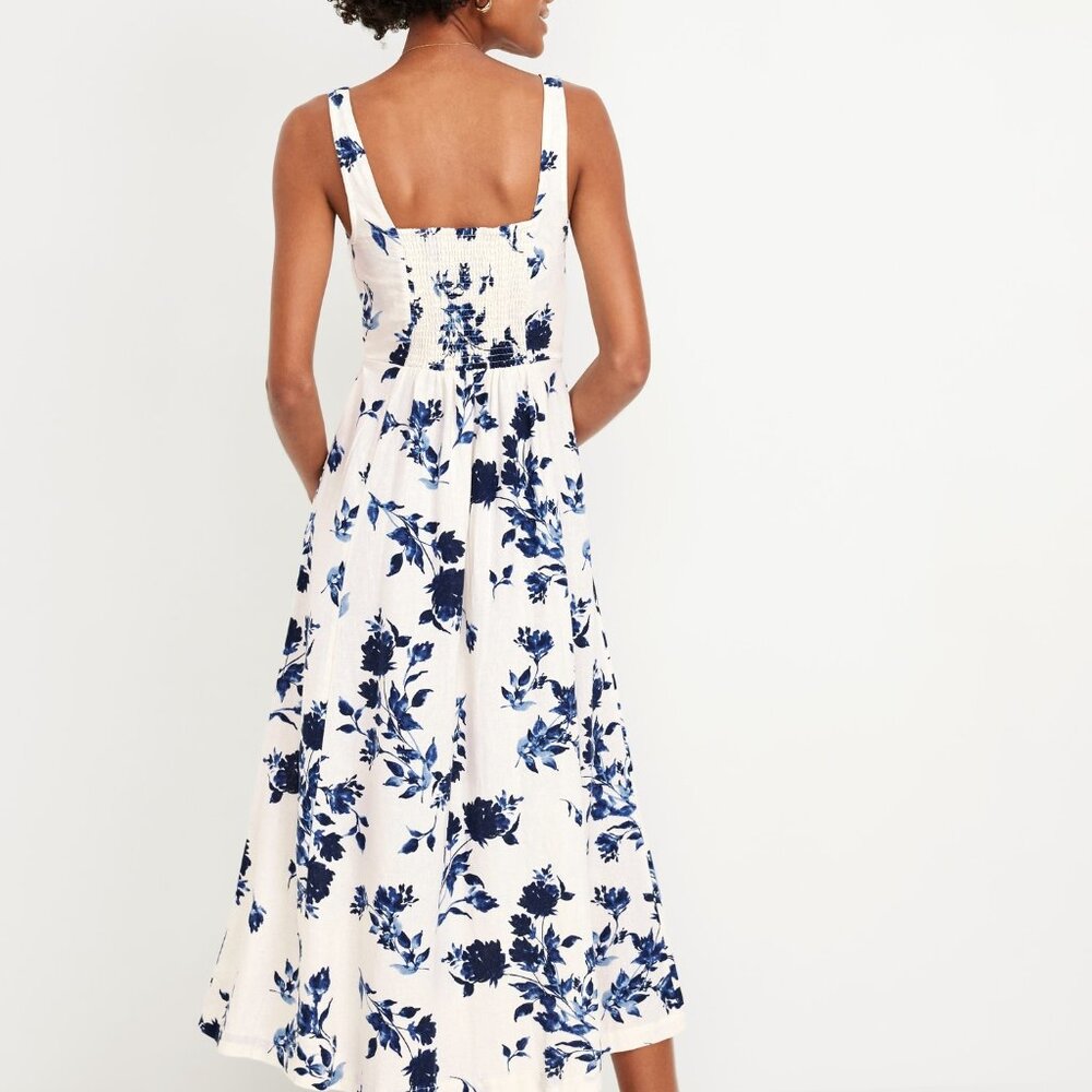 (NWT) Old Navy - blue floral linen blend fit & flare midi dress (large) - Picture 2 of 5